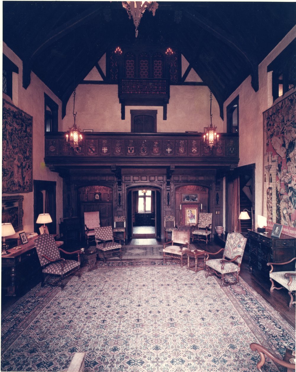 View of the balcony and organ loft (ft. an intricately detailed centerpiece rug), ca. 1960s